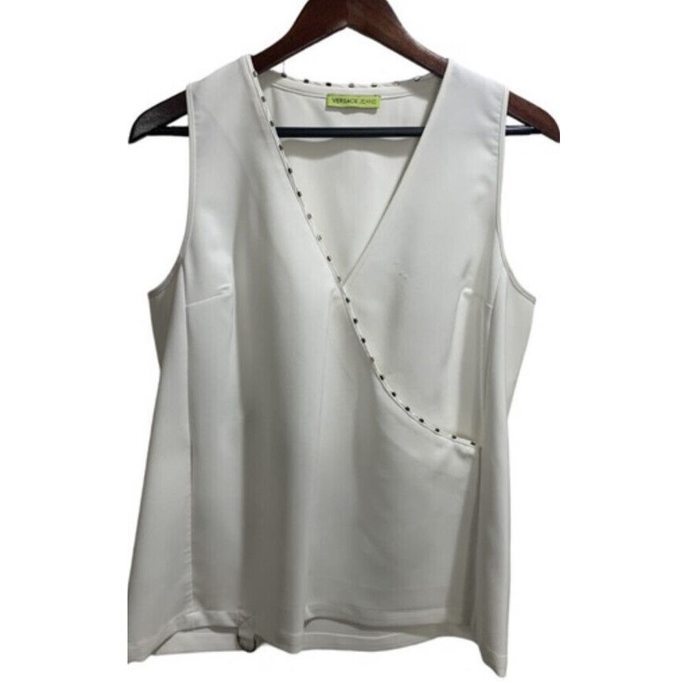 Versace Jeans White Sleeveless Top Silver Metal Accents Sz‎ 8/44 Italy Wrap Vest